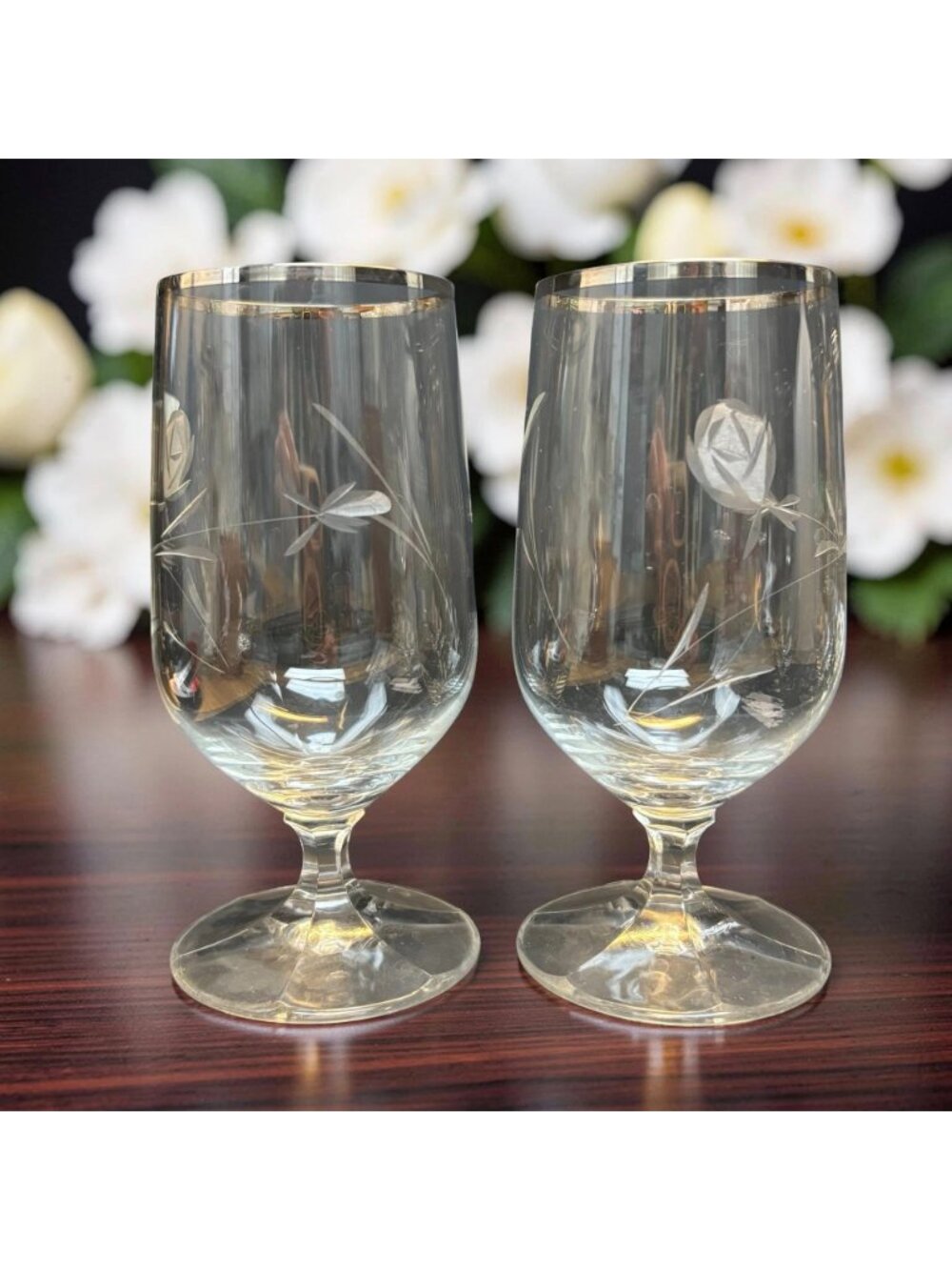 Set of 6 Vintage Crystal Goblets with Platinum Rim and Wheel-Cut Rose Etching, L - Picture 2 of 5